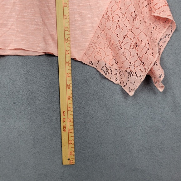 Unity World Wear Blouse Women's Large Peach Lace Trim Shark Tie Neck Cap Sleeve - Picture 12 of 12